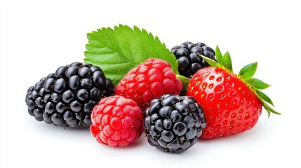 Fresh Berries Arrangement with Green Leaves on White Background