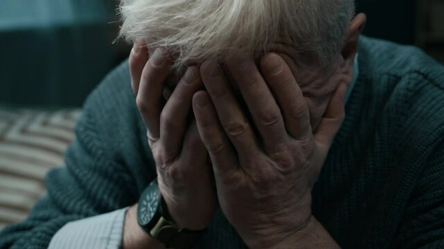 Closeup low key shot of elderly Caucasian man sitting at home alone, rubbing his wrinkled face, gazing off into space with numb expression then taking a sip of whiskey to forget his troubles