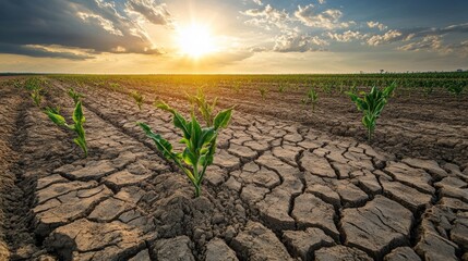 Sunset Over a Drought-Stricken Cornfield