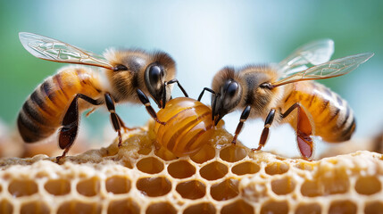 Bees working together to harvest honey from sustainable hives during a warm day in the countryside