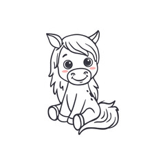 Cute cartoon horse isolated on white. Animal in doodle style for children's coloring, worksheet, and activity pages. Vector illustration