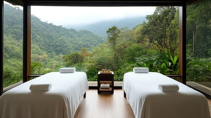 Fototapeta premium Forest retreats offer travel wellness getaways for ultimate relaxation. Serene spa room with two massage tables and lush green landscape outside.
