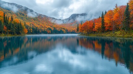 Obraz premium Soft morning light bathing a lake and forest, with vibrant fall colors and sky reflections