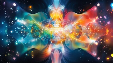 Colorful cosmic energy emanating from a central point in a vibrant universe