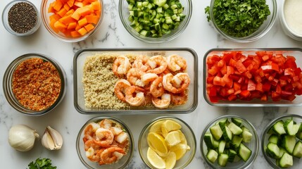 Prepared ingredients for a salad on a surface.