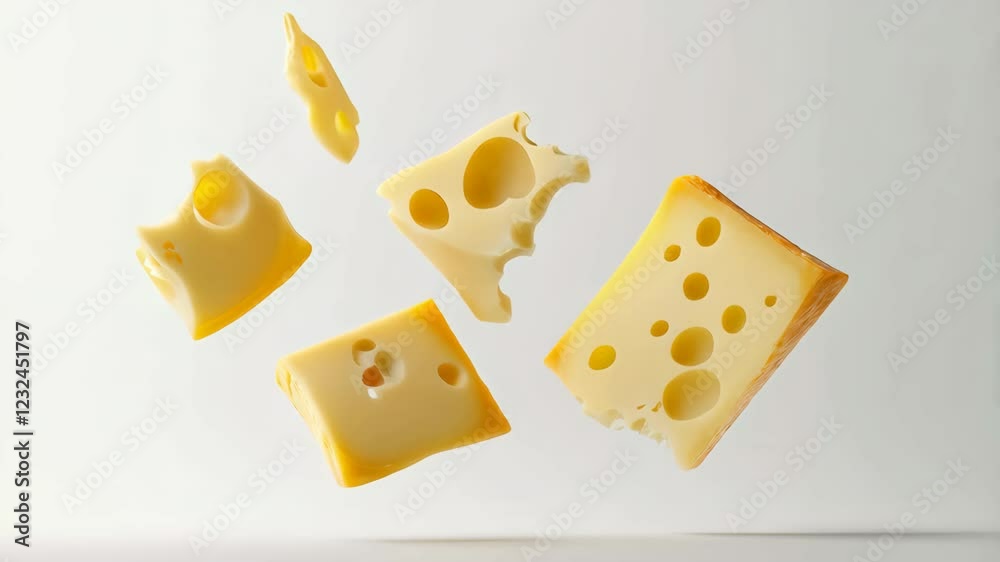 Aufkleber Different sizes of delicious swiss cheese pieces levitating on a minimalist white background, creating a visually appealing composition with a focus on the texture and holes of the cheese