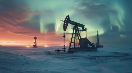 Oil pump jacks are silhouetted against a stunning display of northern lights in an isolated Arctic landscape at twilight, creating a striking contrast between industry and nature.
