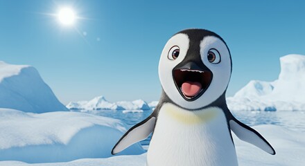 Naklejka premium Animated Happy Penguin on a Sunny Ice Field