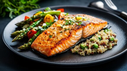 Grilled salmon fillet resting on black plate with quinoa, green peas, asparagus, charred tomatoes, onions, zucchini, presenting nutritious gourmet dining experience