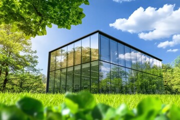 Modern glass house surrounded by lush green field under clear blue sky