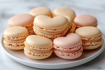 Fototapeta premium Colorful macarons shaped into a heart on a white plate