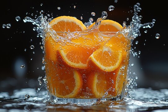 Black void, followed by an orange eruption. Witness a surrealistic slow-motion juice explosion