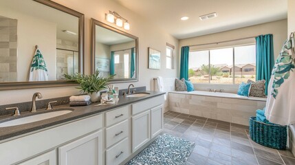 Fototapeta premium Luxurious master bathroom with double vanity, soaking tub, and teal accents.