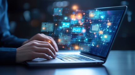 Hands typing on a laptop with glowing digital interface and data visualization representing technology, innovation, and the future of computing in a dark environment