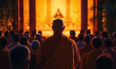 Naklejka premium Monks face golden altar, many in orange robes.