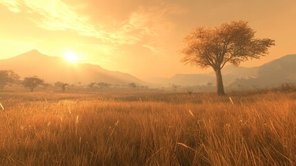 Fototapeta premium Golden hour sunlight bathes a savanna landscape, illuminating tall grass and a solitary tree silhouetted against hazy mountains in the distance