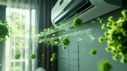 Illustration of airborne viruses spreading via air conditioner inside a room, emphasizing potential health hazards.