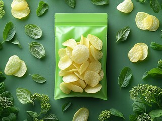 Explore a lush green backdrop as potato chip mockups in unbranded packaging showcase their slow-motion features, ideal for engaging presentations and creative showcases