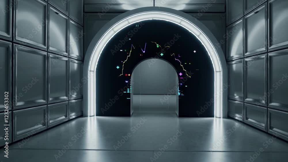 Poster Experience a futuristic hallway with holographic elements and hi-tech visuals in a sleek, modern environment