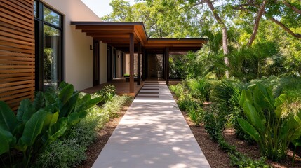 Forest retreats offer travel wellness getaways for ultimate relaxation. Modern entrance surrounded by lush greenery and attractive landscaping.