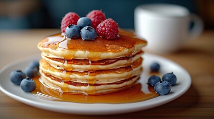A delicious stack of golden pancakes topped with fresh blueberries and raspberries, drizzled with rich maple syrup fot breackfast