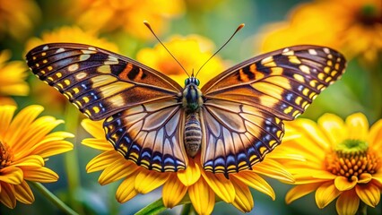 Fototapeta premium Delicate wings of a butterfly resting on a bright yellow flower, showcasing intricate patterns and colors, leaf, detail, leaf