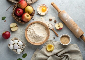 Baking Ingredients Flatlay: Apples, Dough, Rolling Pin & Sifter on Grey Concrete