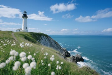 A lighthouse is on a hill overlooking the ocean