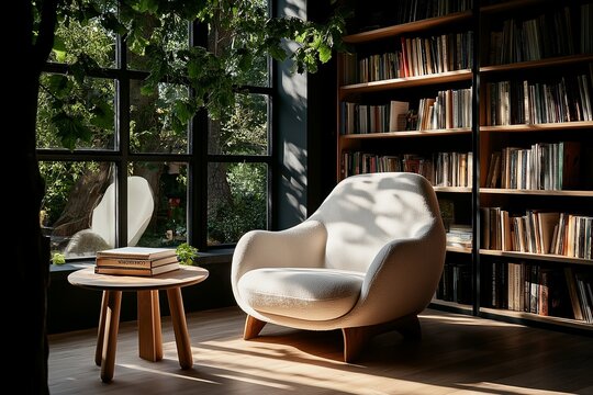 A white chair is sitting in front of a table with a book on it