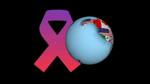 Animation of a globe with a flag logo representing each country's region rotating and a ribbon logo for the commemoration of World Cancer Day