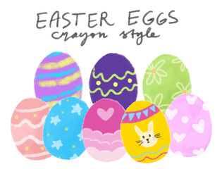 set collections bunch of Easter eggs in bright colorful pastel colour illustration crayon doodle hand drawn kids children drawing png transparent clipart sticker cutout digital sticker