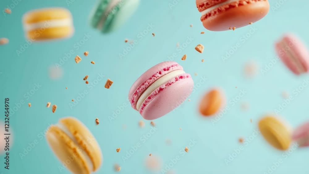 Poster colorful macarons with various flavors and crumbs are levitating on a vibrant turquoise background, 