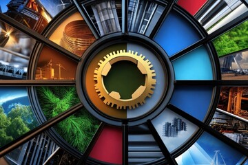 Naklejka premium Clock face displaying various architectural images of different buildings in a creative arrangement