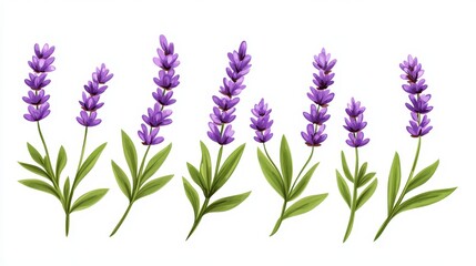 Naklejka premium Beautiful Lavender Flowers with Green Leaves on a White Background