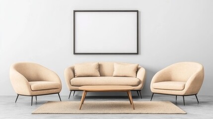 Soft Beige Living Room Furniture with Empty Frame on Wall