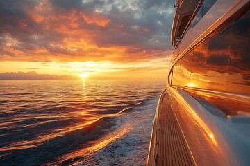 Obraz premium Luxurious yacht setting with champagne glasses framed by a breathtaking ocean view under soft sunset hues 