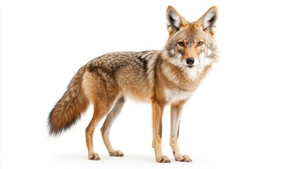 Fototapeta premium Coyote Standing Alert in Open Desert Under Bright Blue Sky