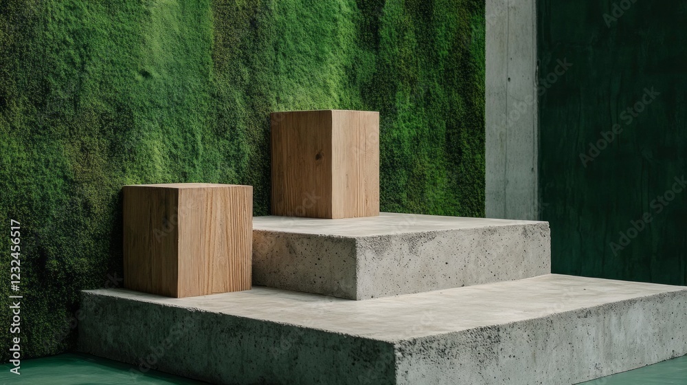 Poster step onto a stylish podium crafted from minimalist concrete, showcasing smooth lines. natural elemen