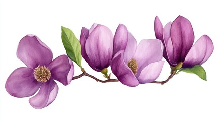 Beautiful Purple Magnolia Flowers on Branch Isolated on White Background