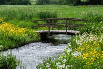 Obraz premium Rustic wooden bridge over flower stream