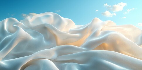 Obraz premium White fabric waving beneath a light blue pastel sky, captured in slow-motion