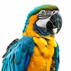 Obraz premium Blue and yellow macaw parrot showing its colorful plumage on white background