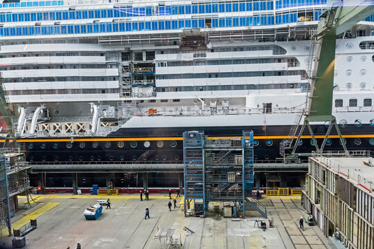 a new cruise ship in the world's largest covered hall at the shipyard Meyer, Papenburg, Germany