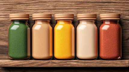 Colorful Spices in Glass Jars on Wooden Shelf for Culinary Art