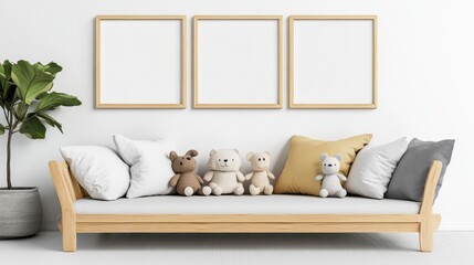 Cozy Living Room with Soft Toys on Minimalist Sofa