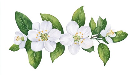 White Blossoms with Green Leaves on a Natural Background Design