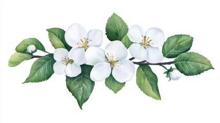 Fototapeta premium White Blossoms on Branch with Green Leaves, Floral Arrangement Design