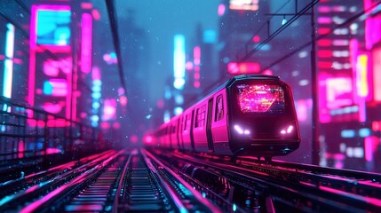 Fototapeta premium Futuristic transport action levitating trains in a vibrant neon metropolis sci-fi environment urban perspective