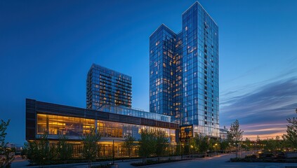 Naklejka premium Luxury Waterfront Residences at Dusk: Modern Architecture and Cityscape