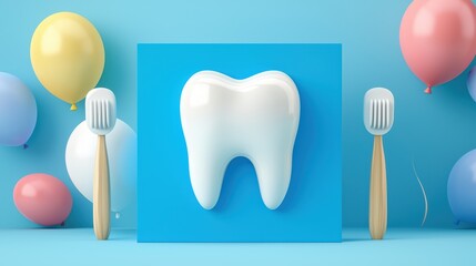 Fototapeta premium Bright and Playful Tooth Illustration with Colorful Balloons and Brushes